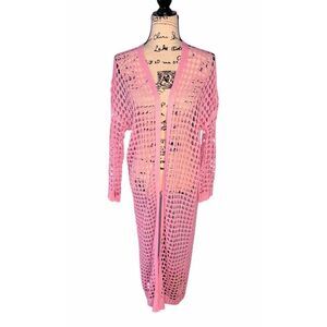 Hot Pink Crochet Maxi Cardigan L Open Knit Longline Duster Boho Festival Style